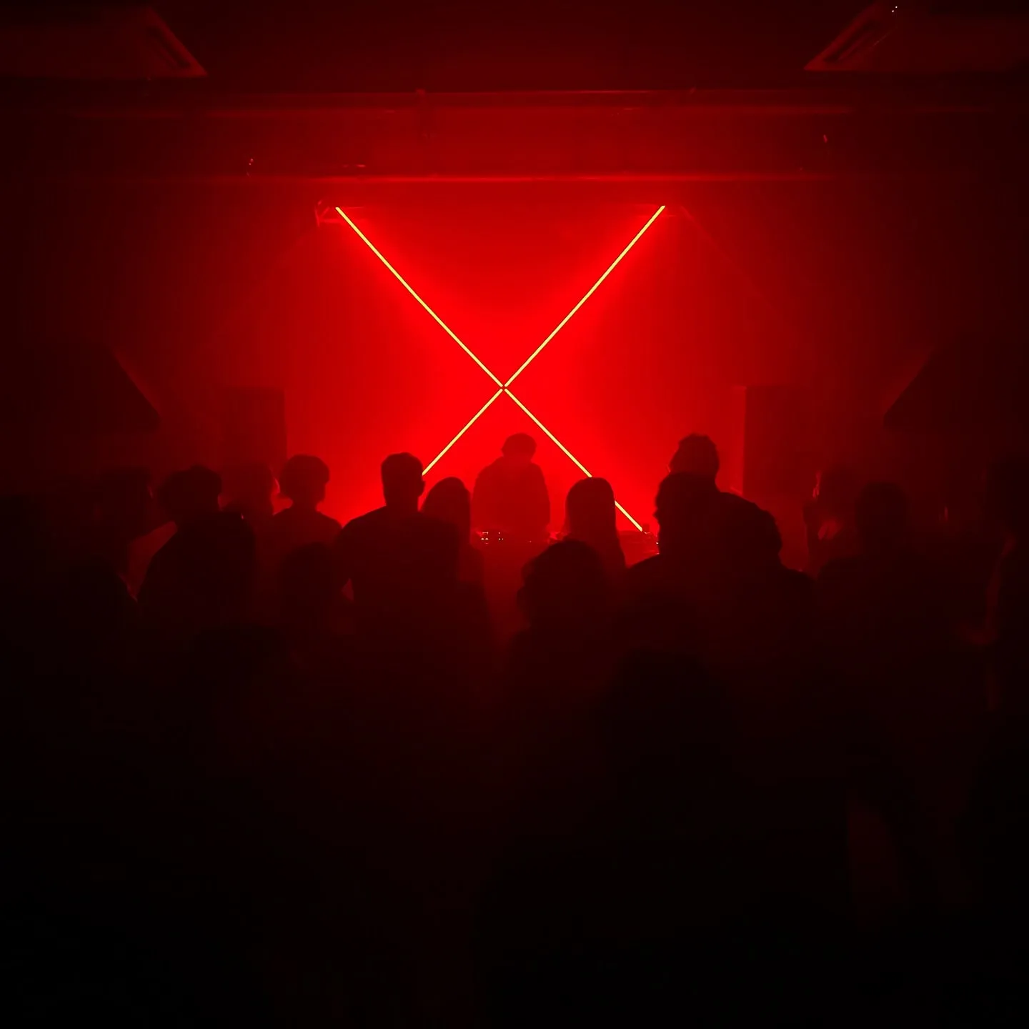 Two red laser lines crossing over the crowd in haze