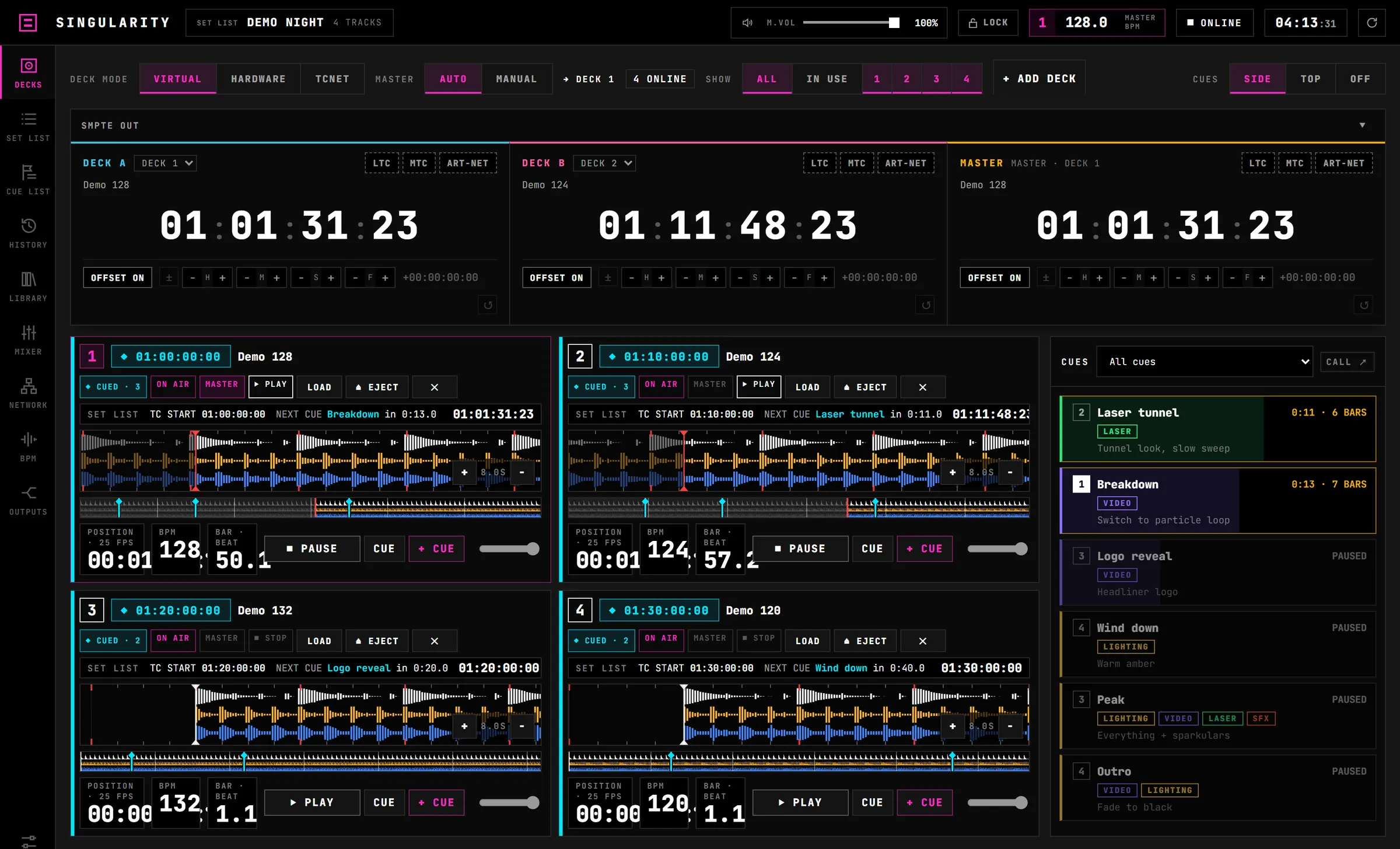 Four decks with live timecode and set-list matches