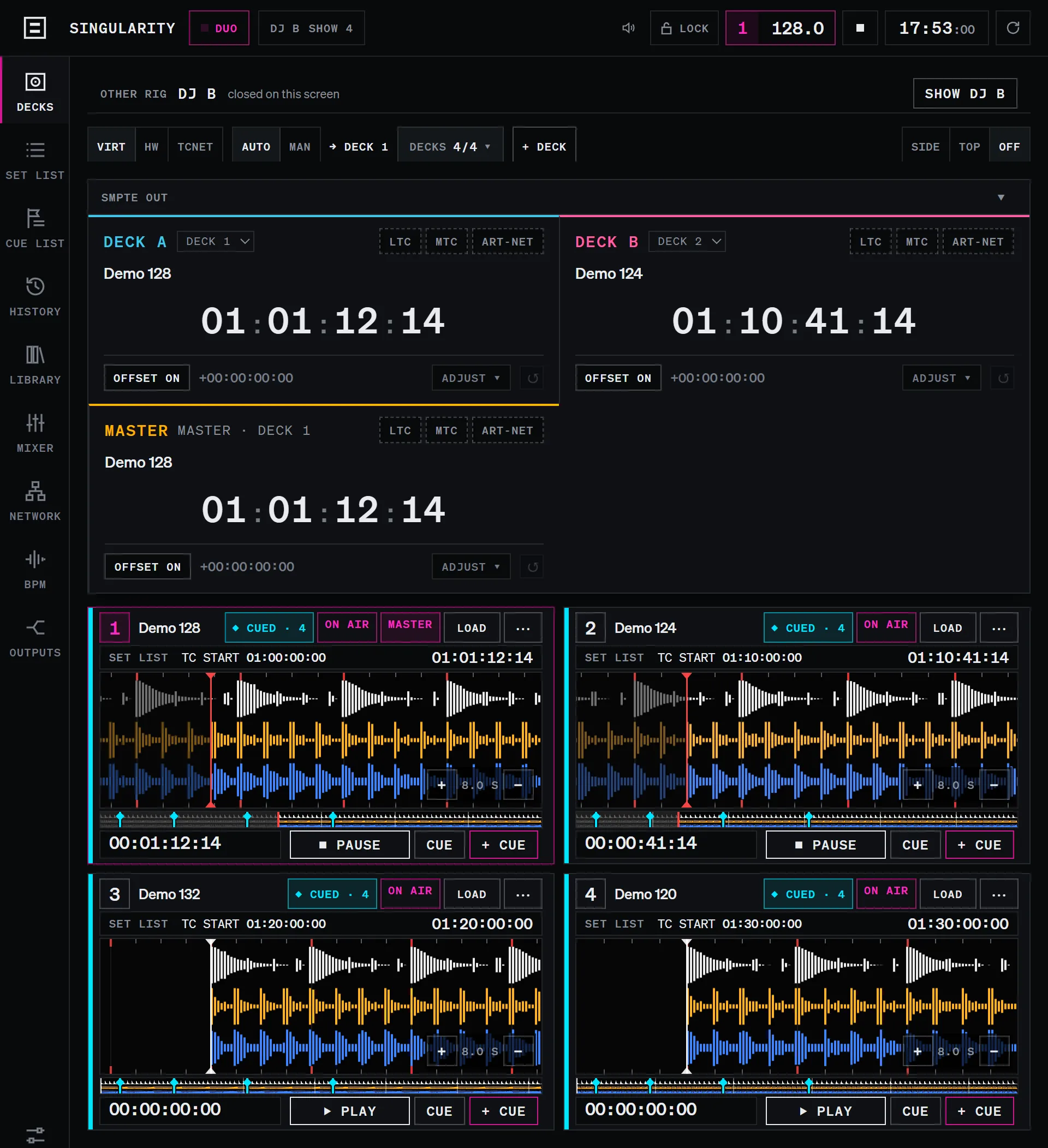 SINGULARITY, DJ A’s window: four decks with waveforms and SMPTE OUT timecode, the menu rail on the left edge and a DUO chip in the top bar