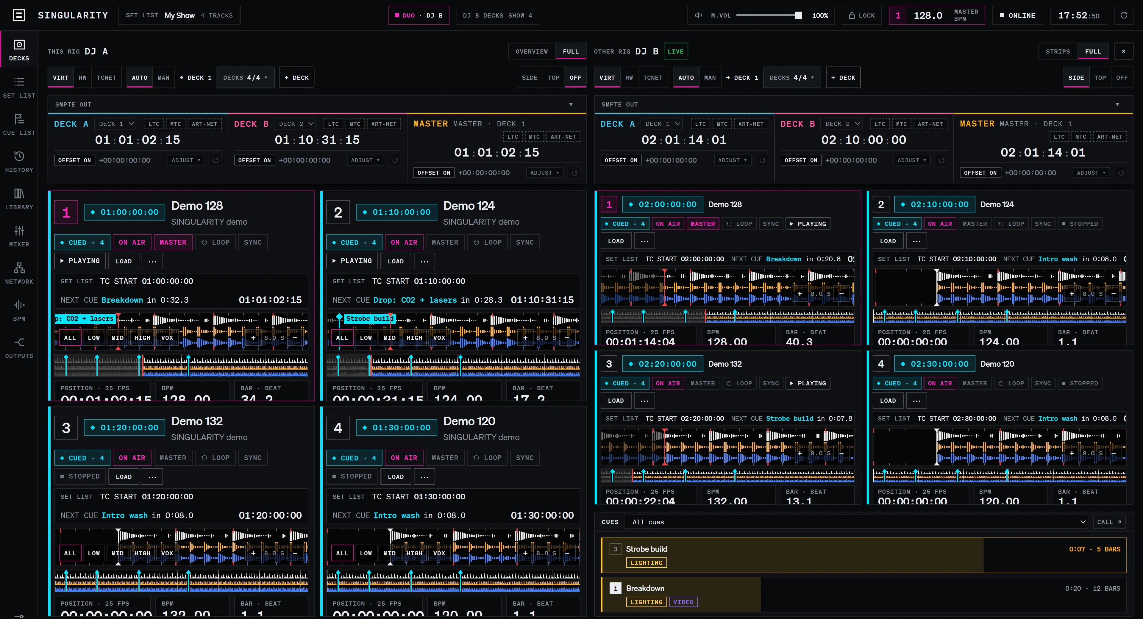 SINGULARITY, one window: DJ A’s full Decks page on the left and DJ B’s on the right, with ‘DUO · DJ B’ and ‘DJ B DECKS SHOW 4’ in the top bar and a cue list under DJ B’s decks