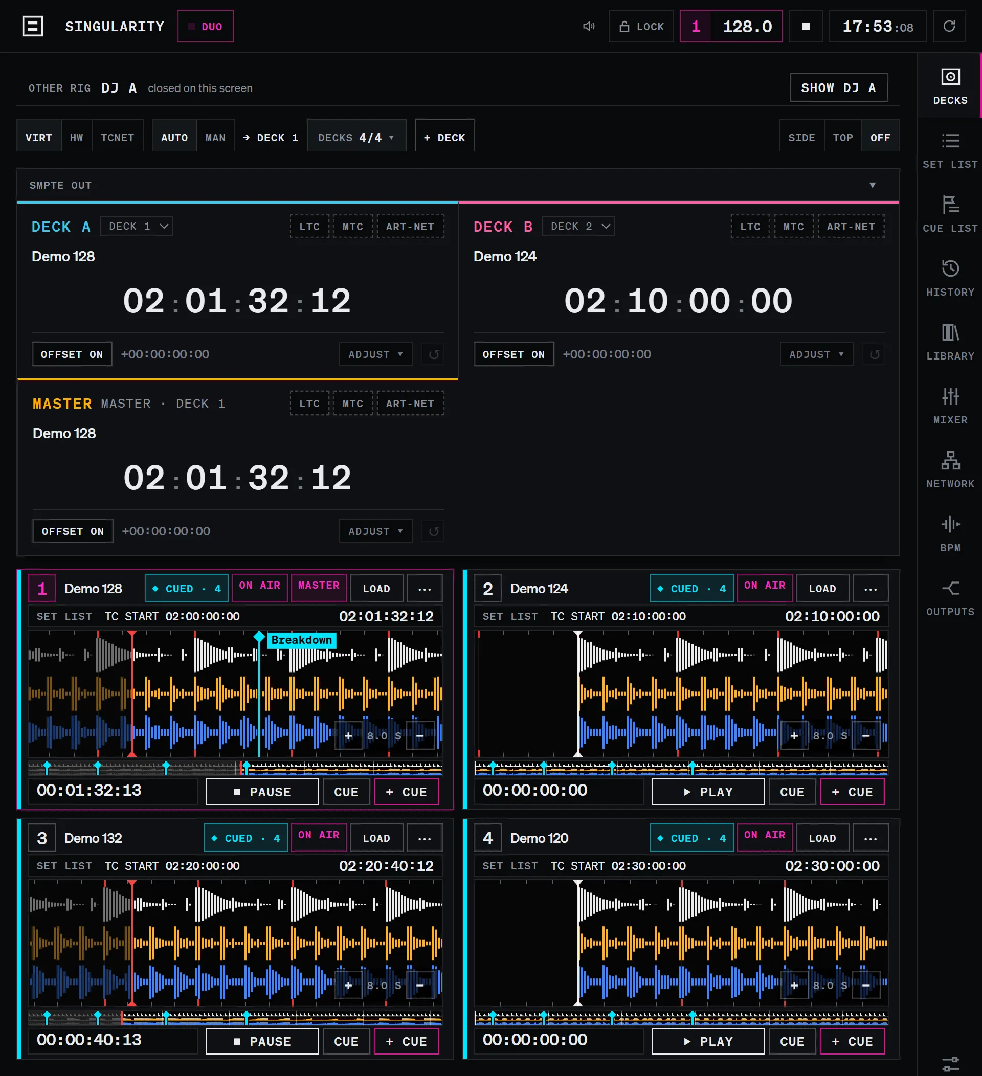 SINGULARITY, DJ B’s window: four decks with waveforms and SMPTE OUT timecode, the menu rail on the right edge, mirrored to meet DJ A’s