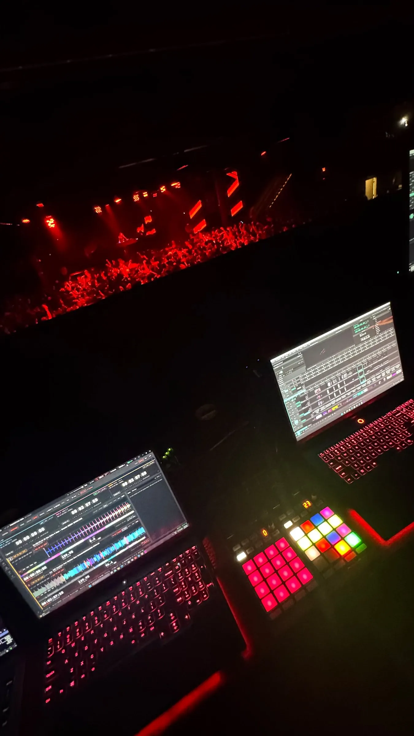 Front of house at The Midway, San Francisco, SINGULARITY's timecode on the laptop and the room in red beyond the desk